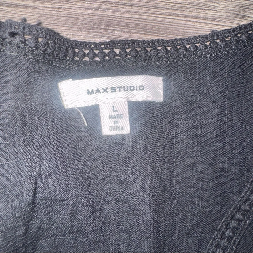 MAX STUDIO‎ L Black Knot Front Top Shirt 3/4 Flared Sleeve Boho Peasant Casual